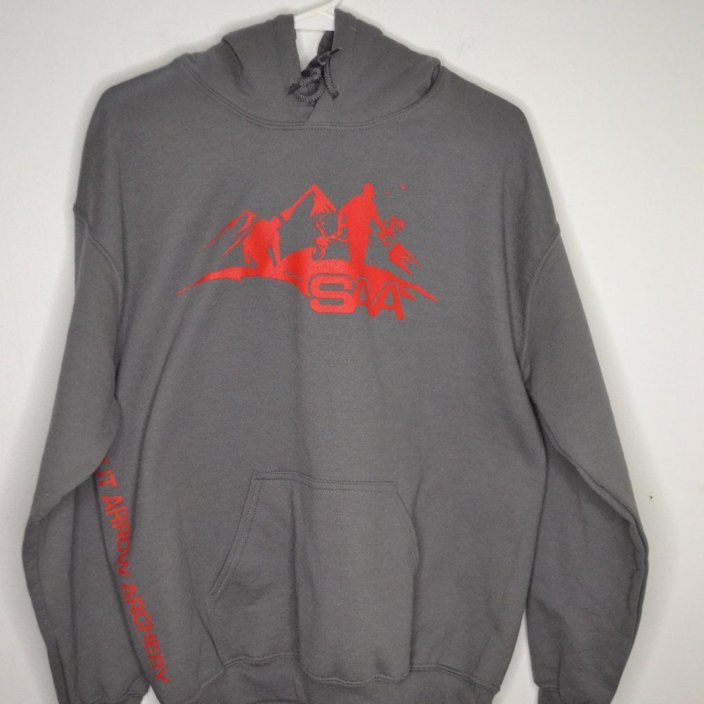 Gildan Men's Medium Grey Hoodie Sweatshirt Split Arrow Archery Logo